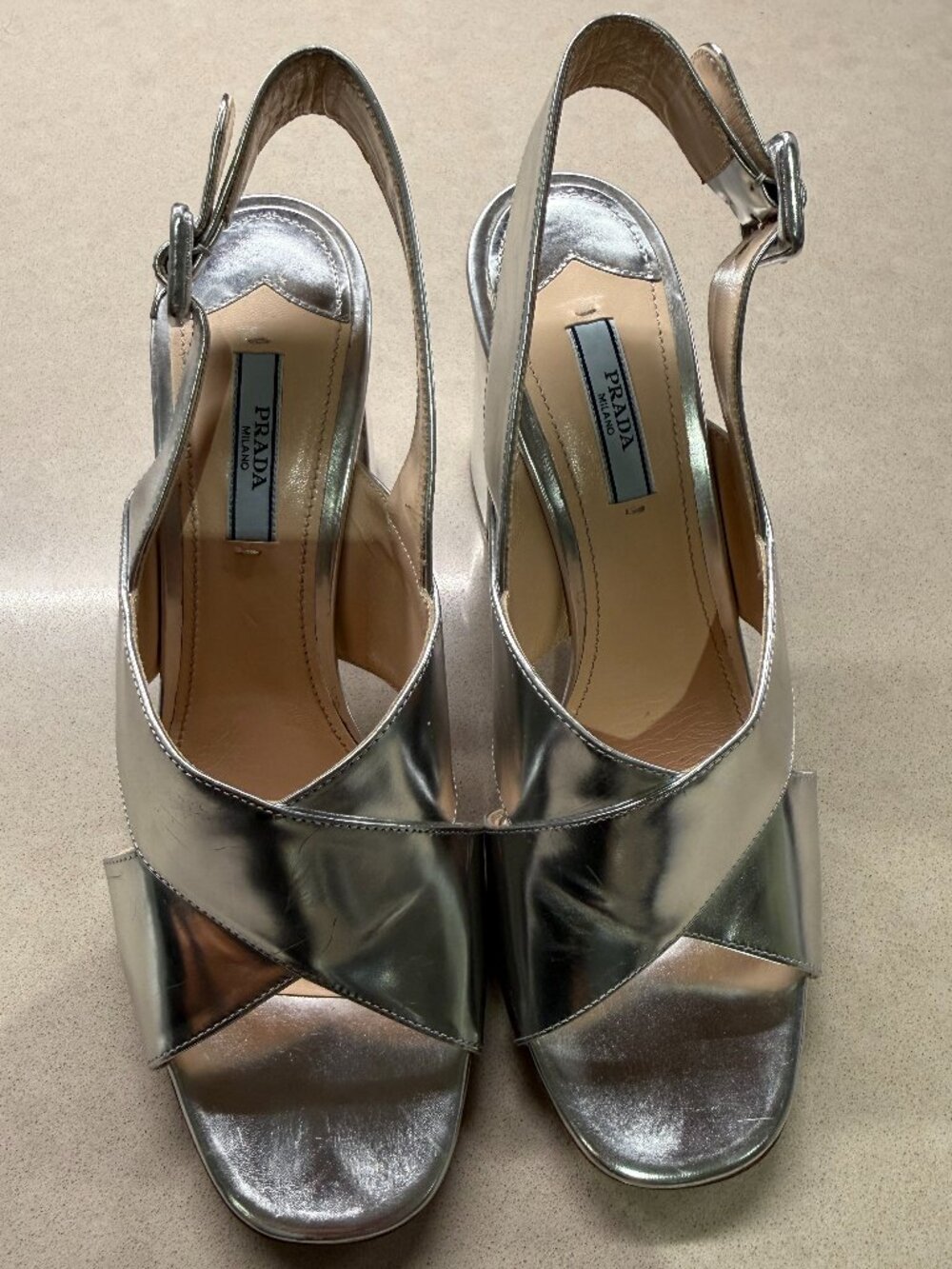 Prada Silver Metallic Leather Block Heel Sandals (Size 39 EU)